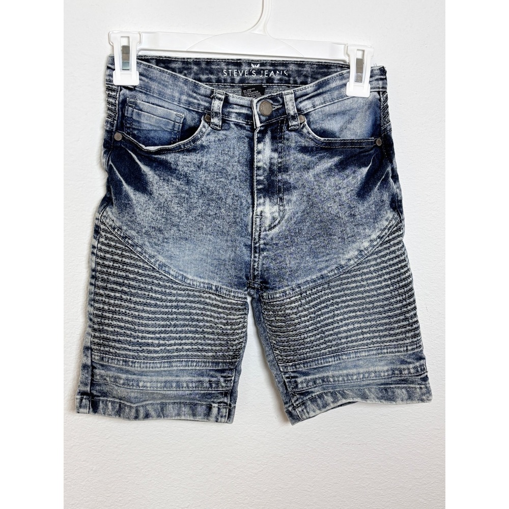 Steve's Jeans Boys Acid Wash Blue Denim Moto Biker Shorts Size 10 Ribbed Panel